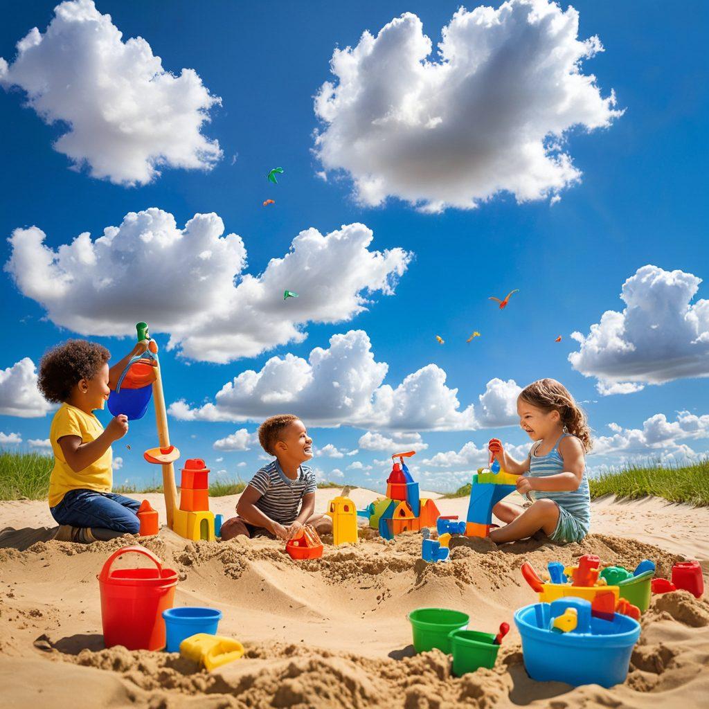 A whimsical playground scene featuring children of diverse backgrounds joyfully engaged in sandbox play, building castles and creating artistic shapes. Surrounding the sandbox, vibrant toys and colorful tools burst with imagination. A bright blue sky with fluffy clouds adds to the atmosphere of creativity and joy. Soft, playful elements evoke a sense of wonder in child development. colorful illustration. vibrant colors. cheerful atmosphere.