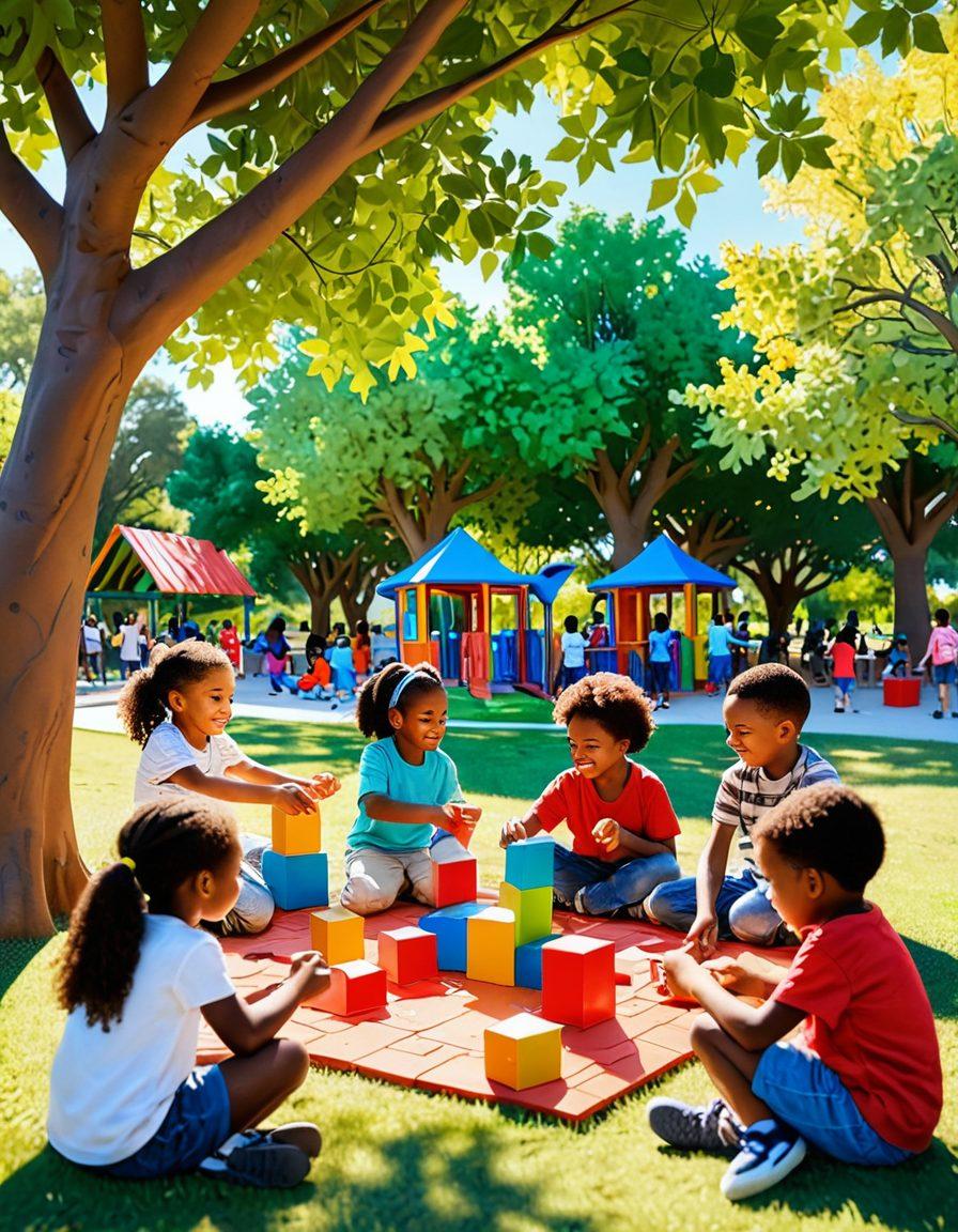 A vibrant playground scene illustrating various educational games, such as children building with colorful blocks, solving puzzles under trees, and engaging in a nature scavenger hunt. The atmosphere is filled with laughter and excitement, showcasing diverse kids of different backgrounds. Bright sunlight filters through the leaves, enhancing the feeling of adventure and learning. super-realistic. vibrant colors. 3D.