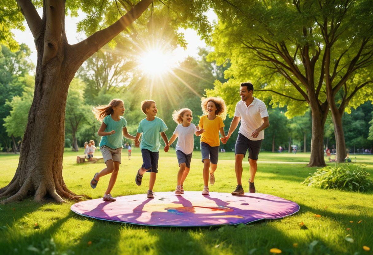 A joyful family engaged in various creative outdoor activities such as painting, playing games, and building a fort from nature materials. Lush green park surroundings, with bright sunshine and children laughing. Include diverse family members showcasing teamwork and happiness. Emphasize warmth and connection among them. vibrant colors. super-realistic.